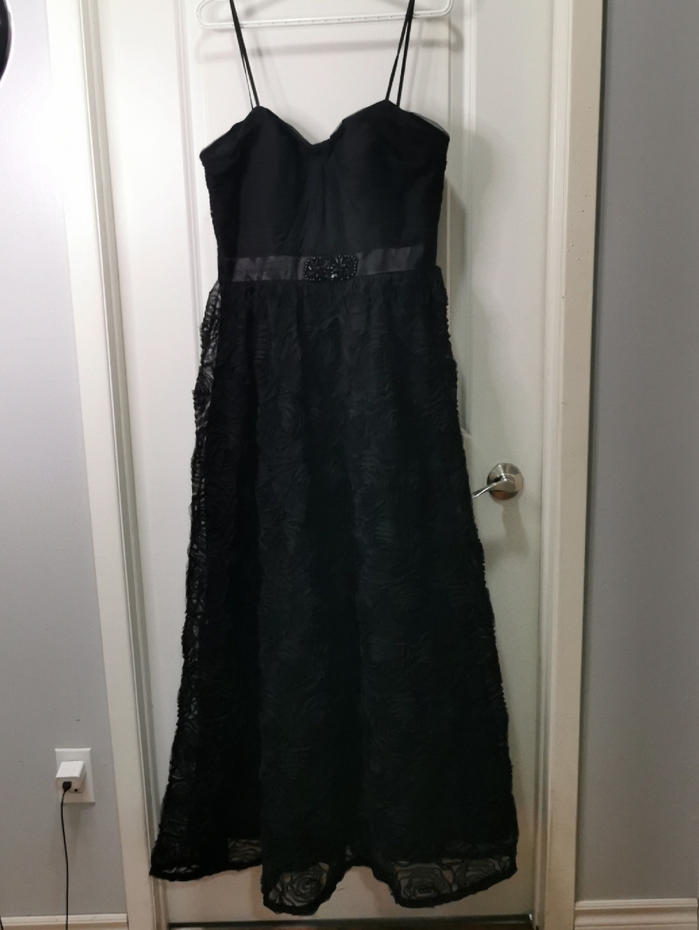 Adrianna Papell Black Strapless A-Line Gown with Beaded Waistband. Crinoline.